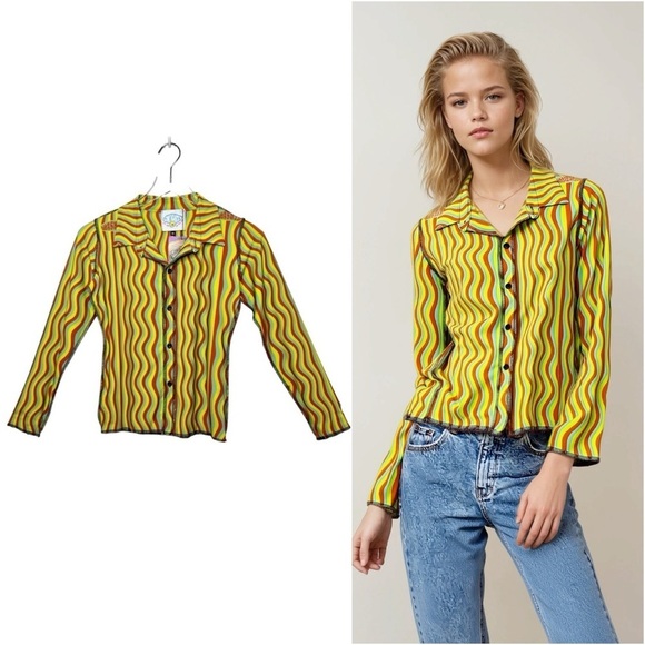 Dolls Kill Tops - OMighty Dolls Kill The Squiggly Rainbow Button Front Women’s Stretch Shirt Sz XS